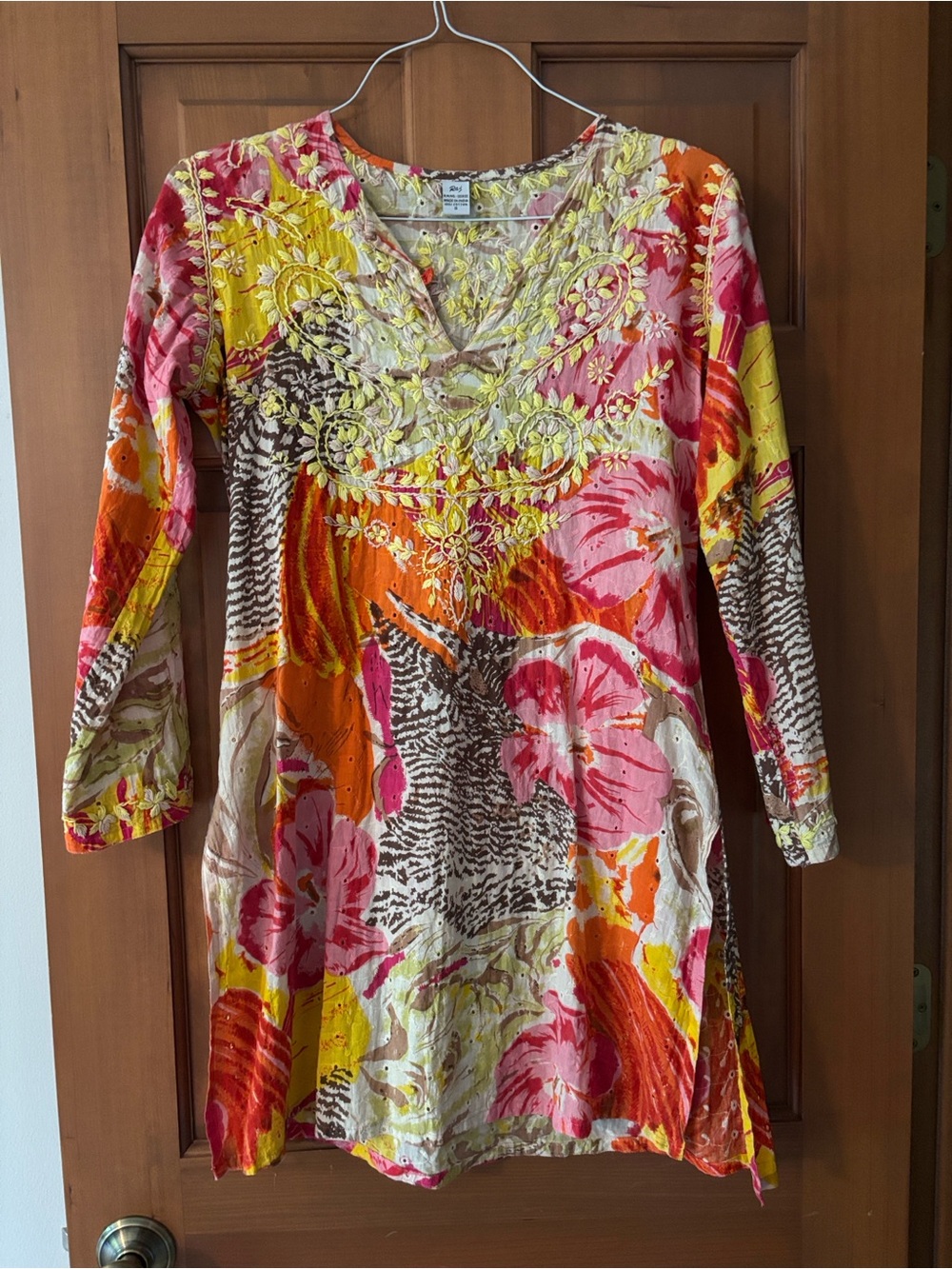 Bright Pink, Orange & Yellow Floral Swimsuit Cover-up with embroidery